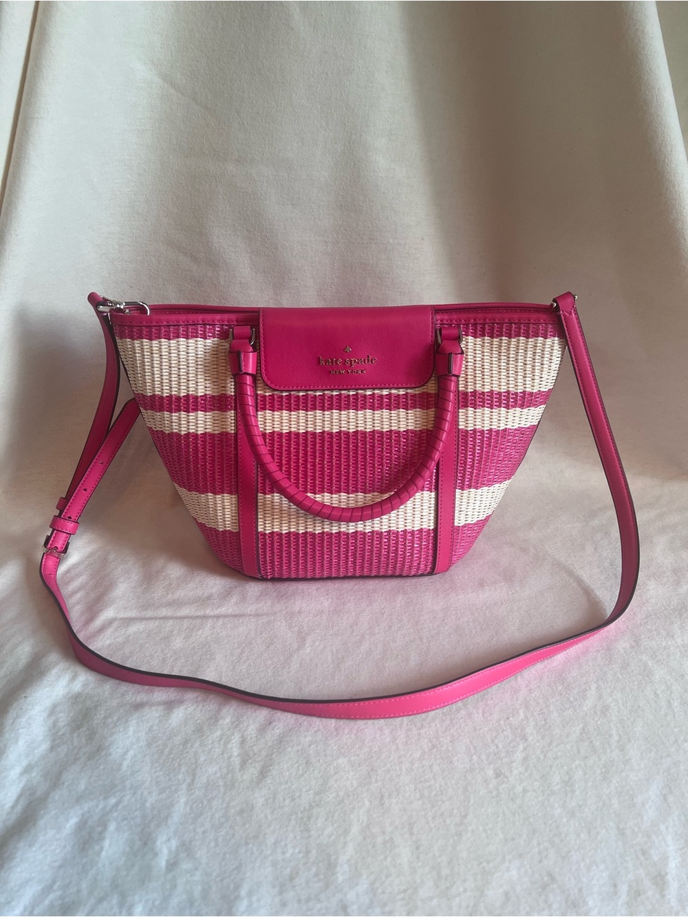 kate spade Pink and Cream Striped Woven Tote with Convertible Strap